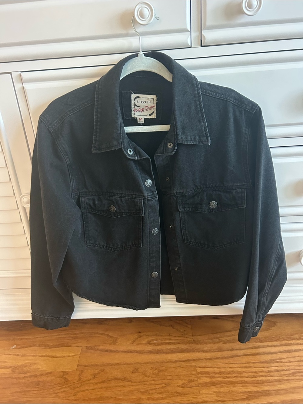 Stoosh Black Cropped Denim Jacket with Chest Pockets
